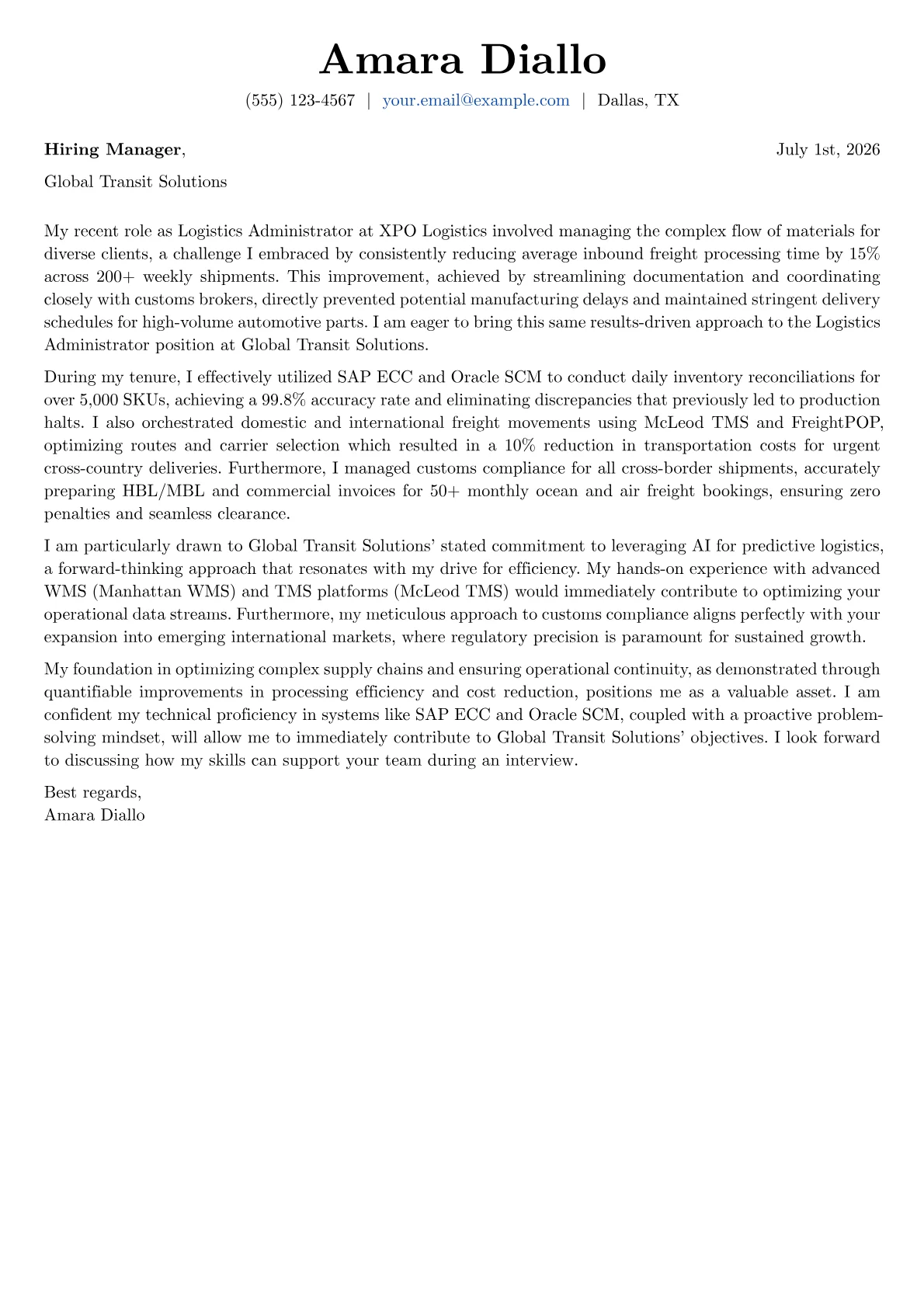 Logistics Administrator cover letter formatted with a JobSprout template