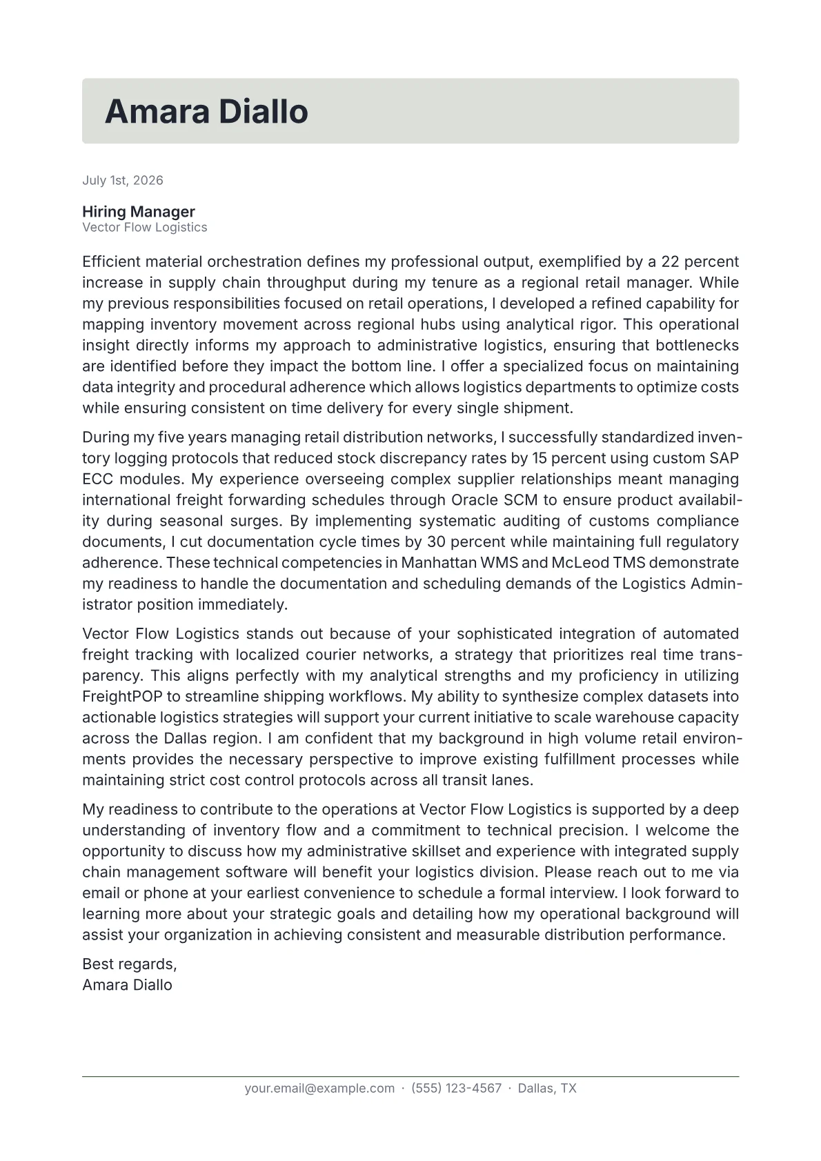 Logistics Administrator cover letter in the Letterhead design