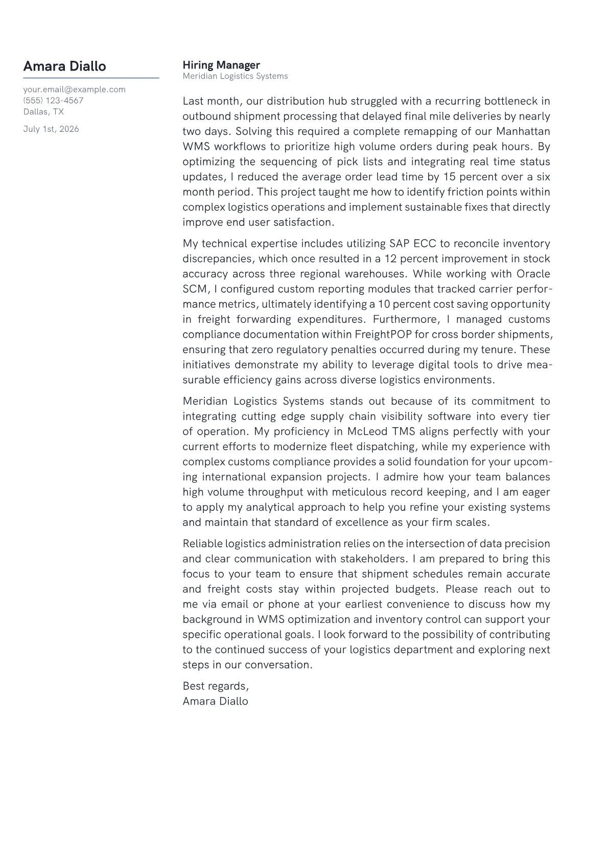 Logistics Administrator cover letter in the Margin design