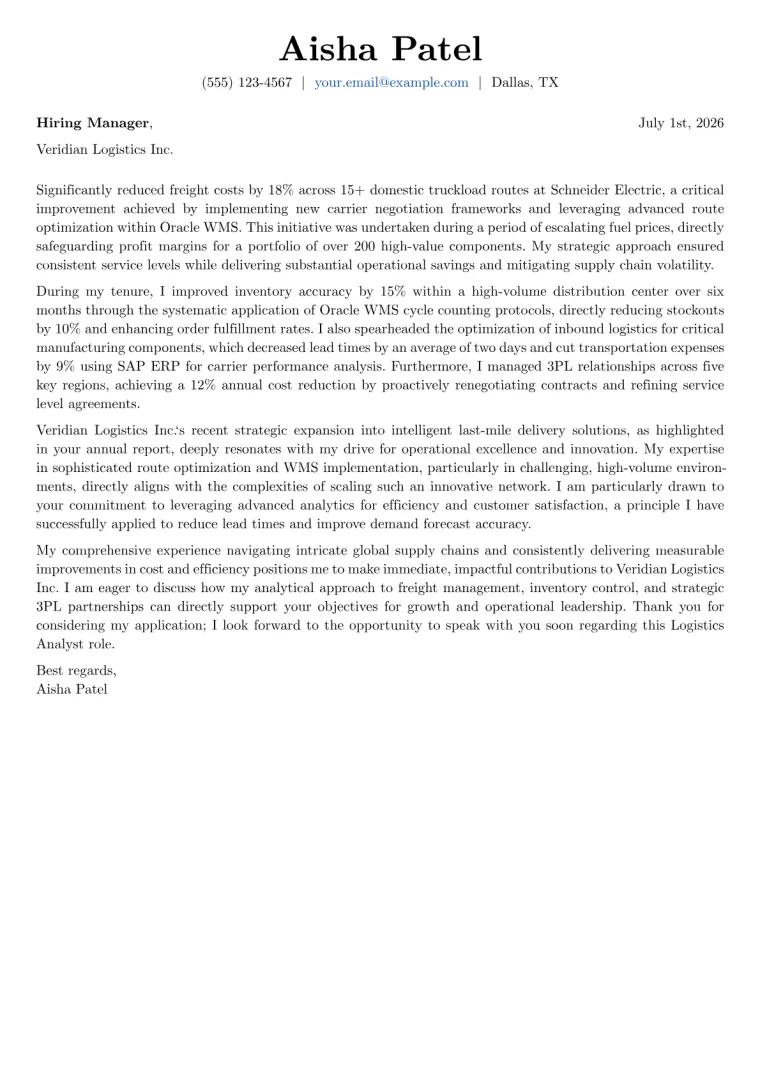 Logistics Analyst cover letter example preview