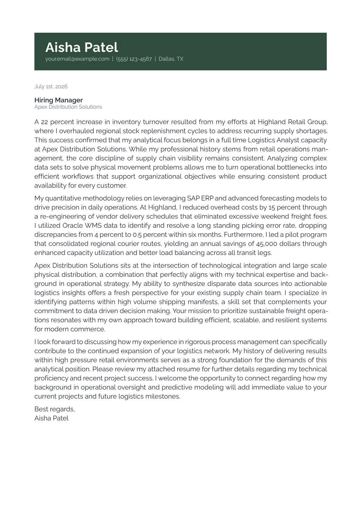 Logistics Analyst cover letter in the Banner design
