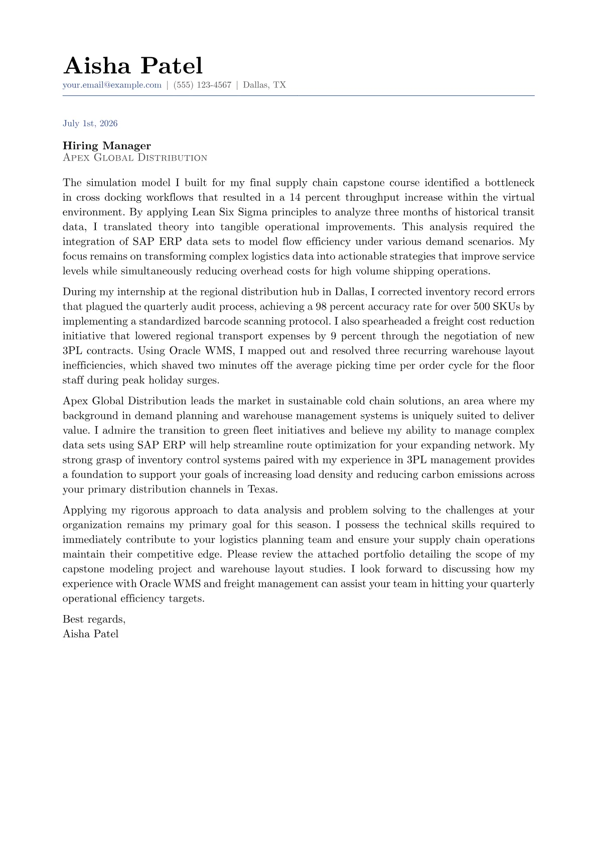 Logistics Analyst cover letter in the Classic design