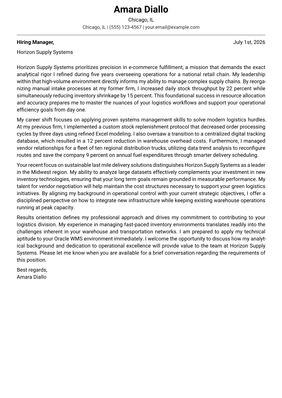 Logistics cover letter in the Modern design