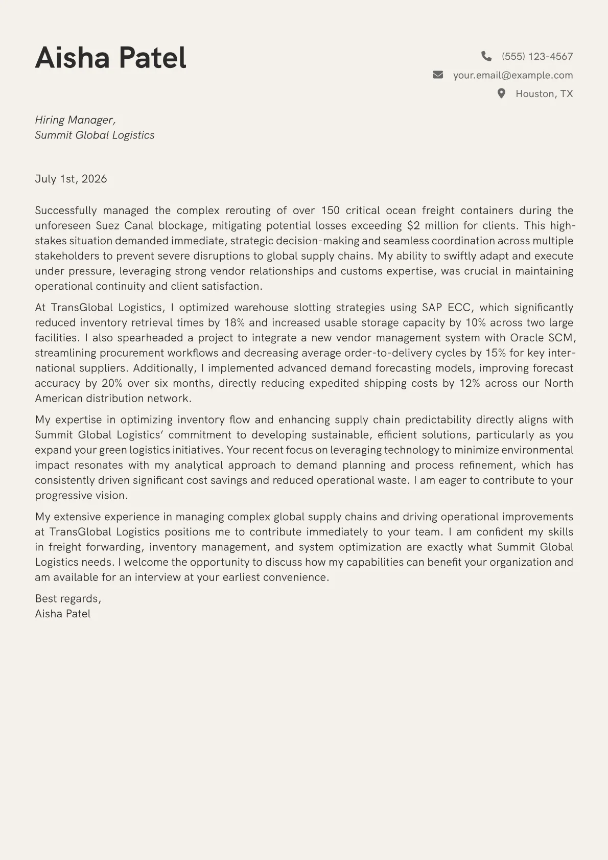 Logistics Coordinator cover letter formatted with a JobSprout template