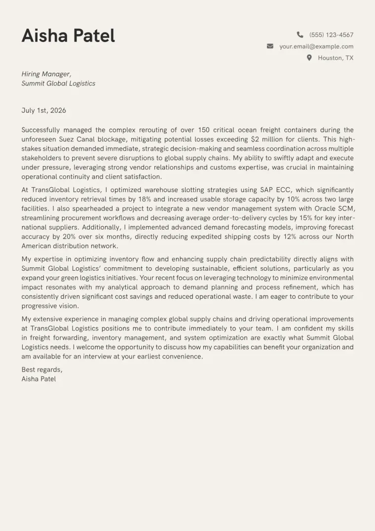 Logistics Coordinator Cover Letter Example