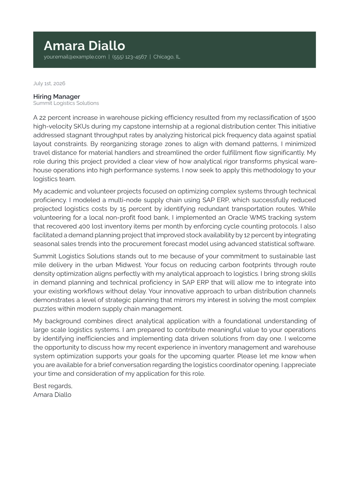 Logistics cover letter in the Banner design