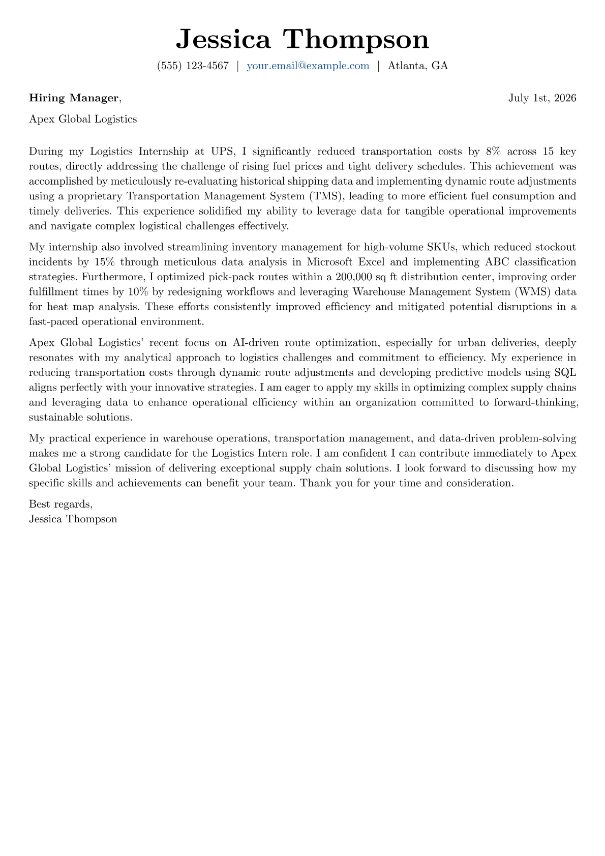 Logistics Intern cover letter formatted with a JobSprout template