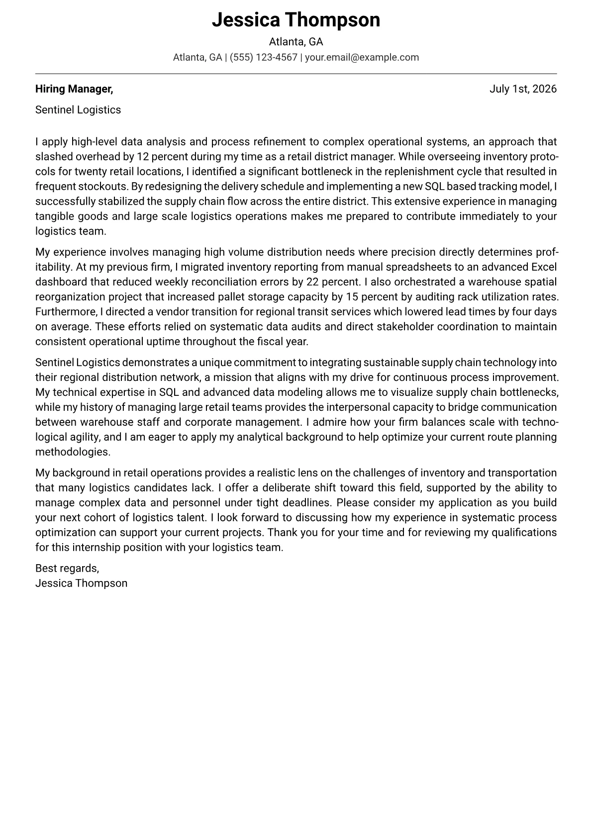 Logistics Intern cover letter in the Modern design