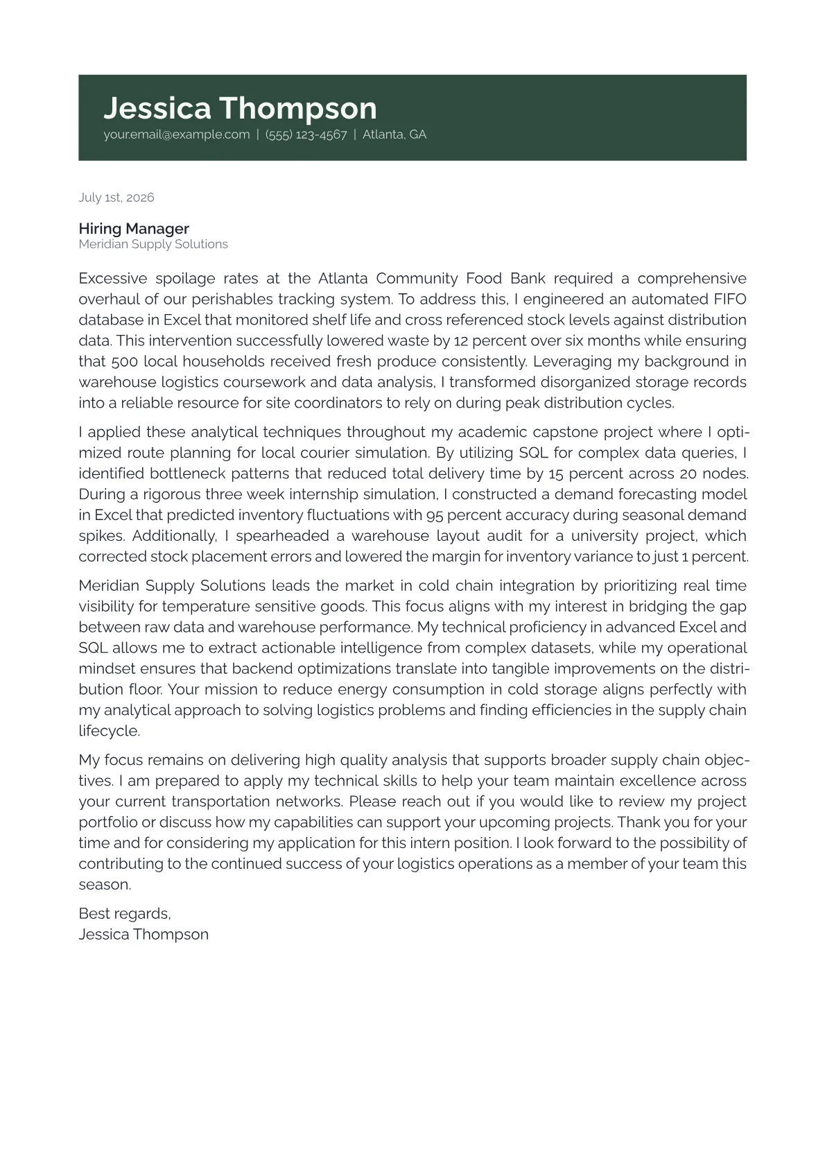 Logistics Intern cover letter in the Banner design