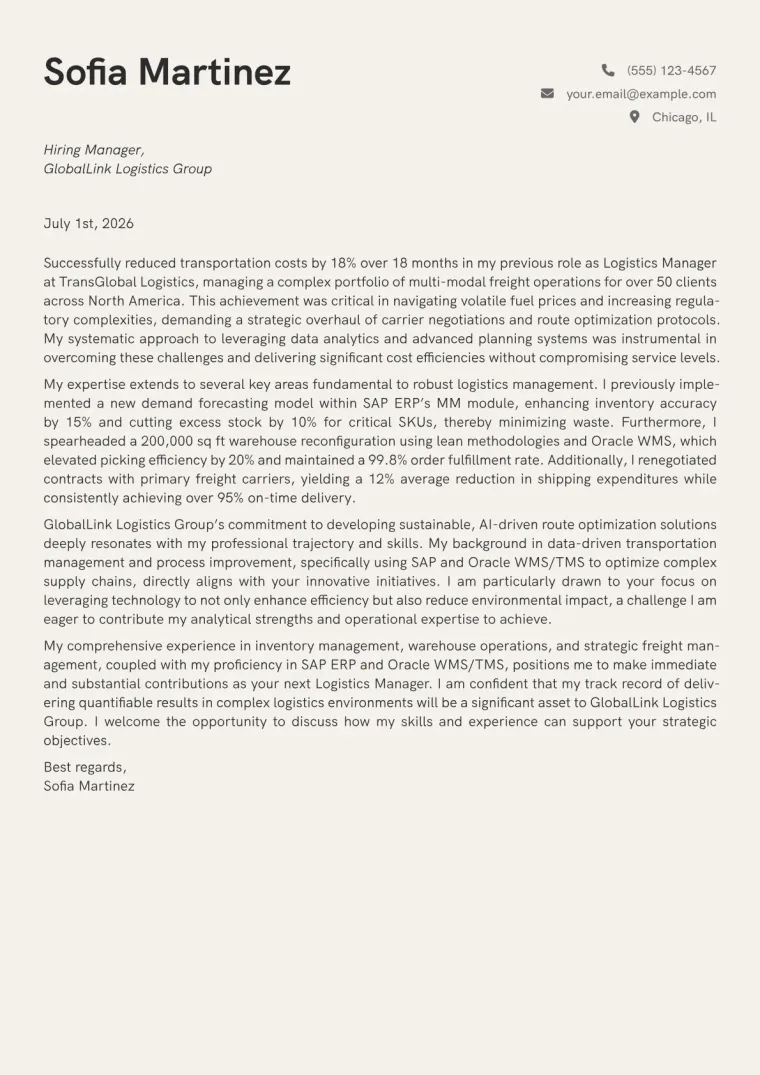 Logistics Manager Cover Letter Example