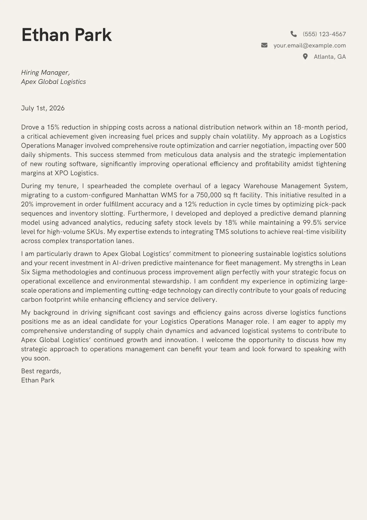 Logistics Operations Manager cover letter formatted with a JobSprout template
