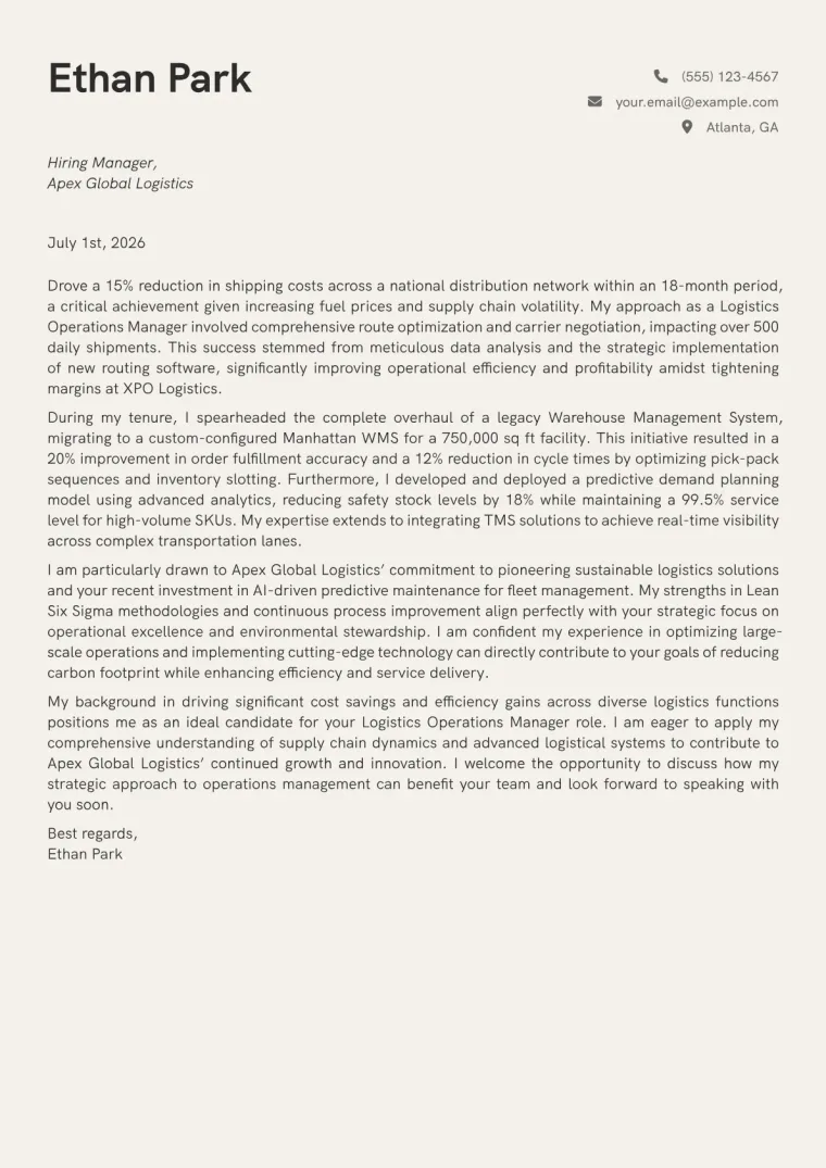 Logistics Operations Manager cover letter example preview