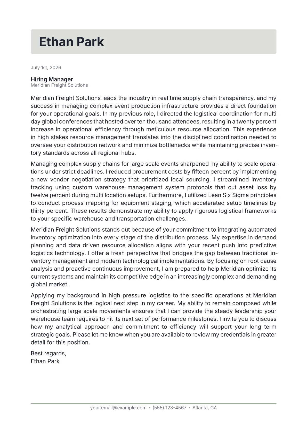 Logistics Operations Manager cover letter in the Letterhead design