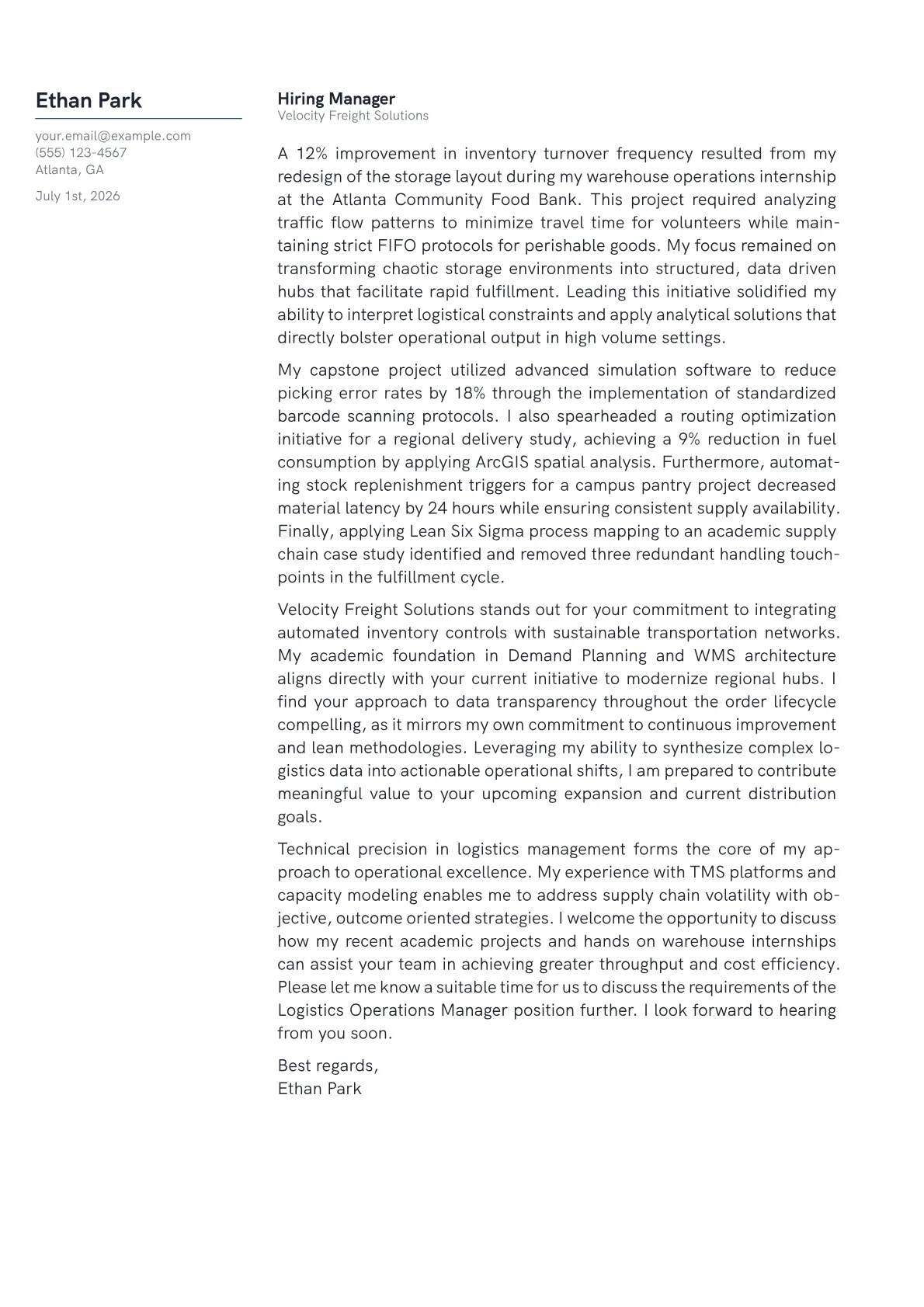 Logistics Operations Manager cover letter in the Margin design
