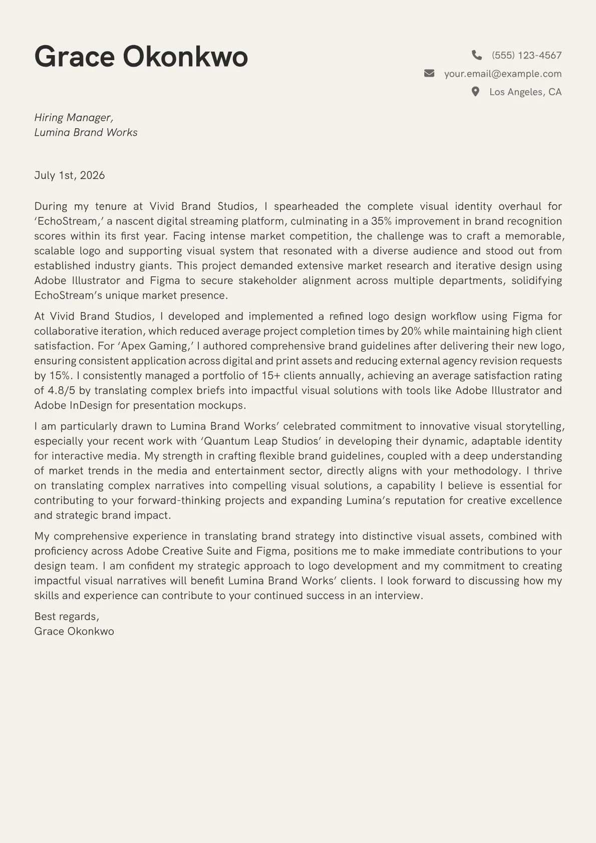 Logo Designer cover letter formatted with a JobSprout template