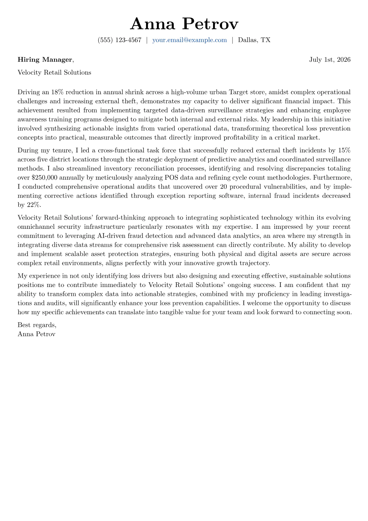 Loss Prevention Manager cover letter formatted with a JobSprout template