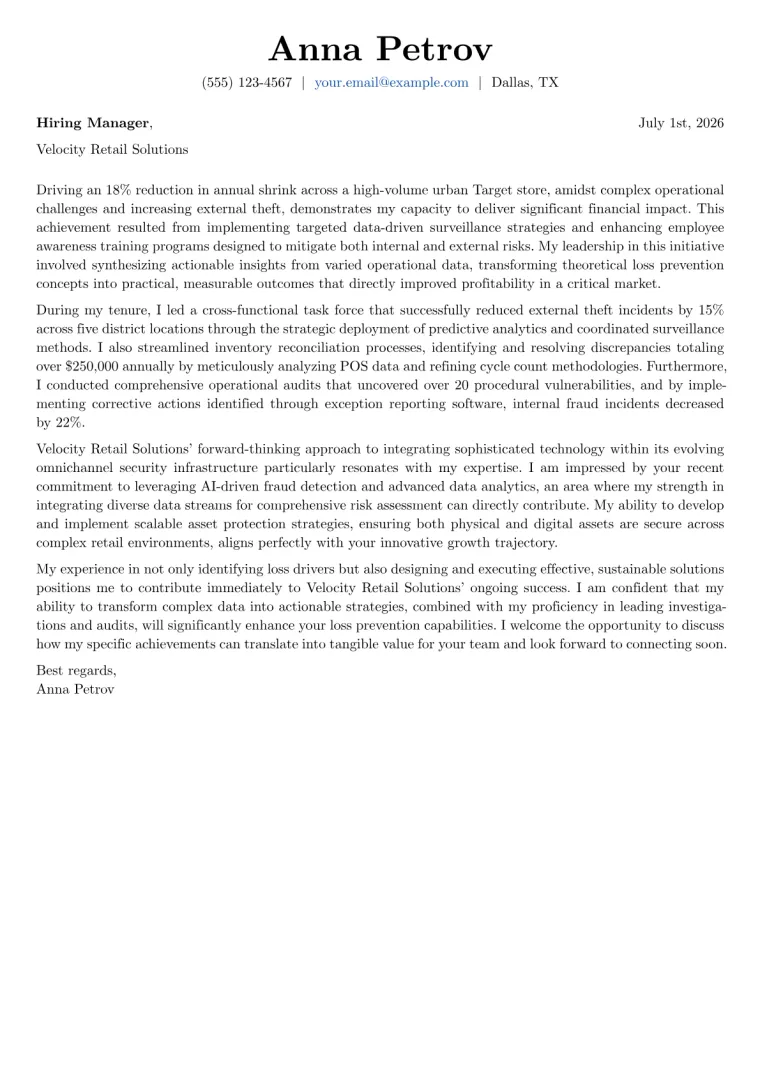 Loss Prevention Manager cover letter example preview