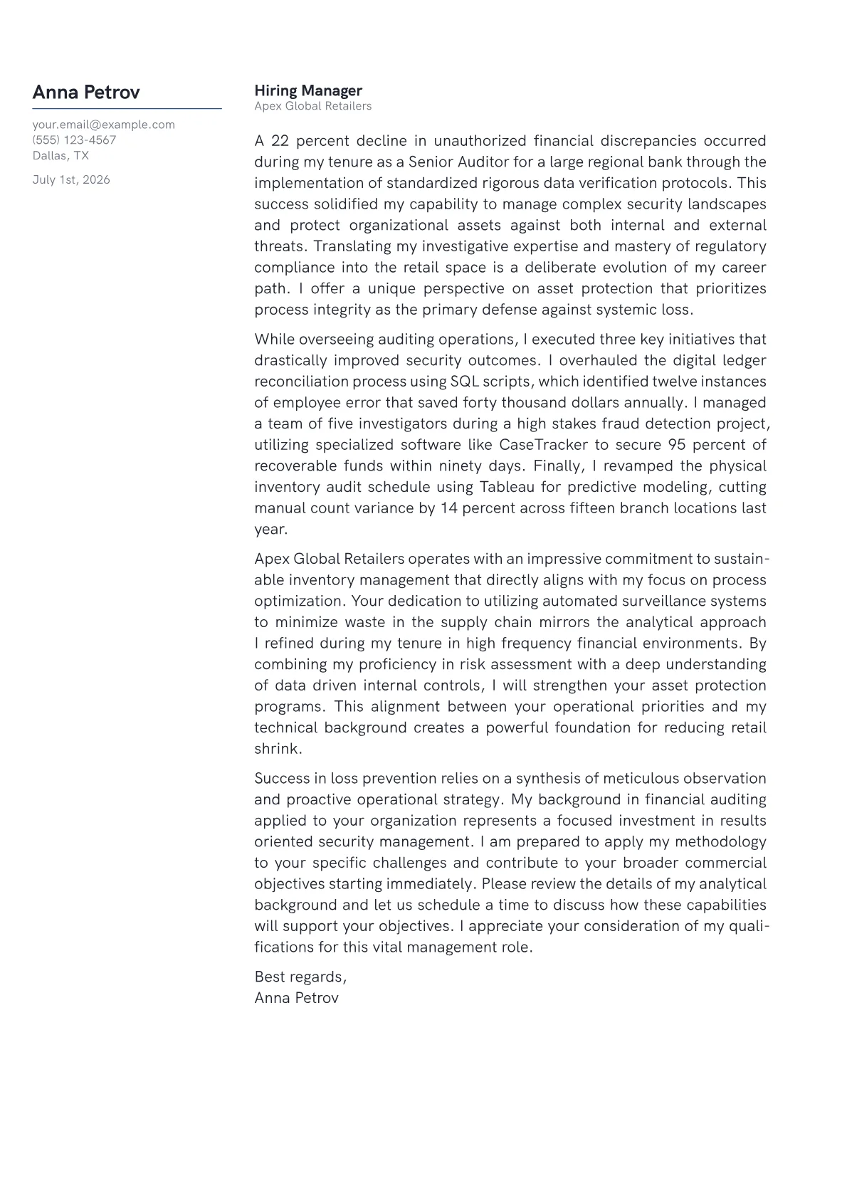 Loss Prevention Manager cover letter in the Margin design