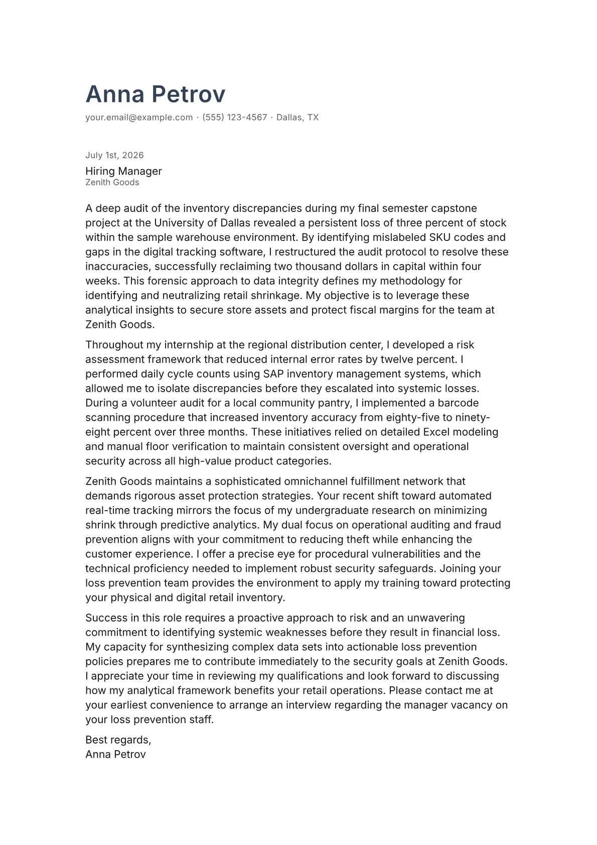 Loss Prevention Manager cover letter in the Minimal design
