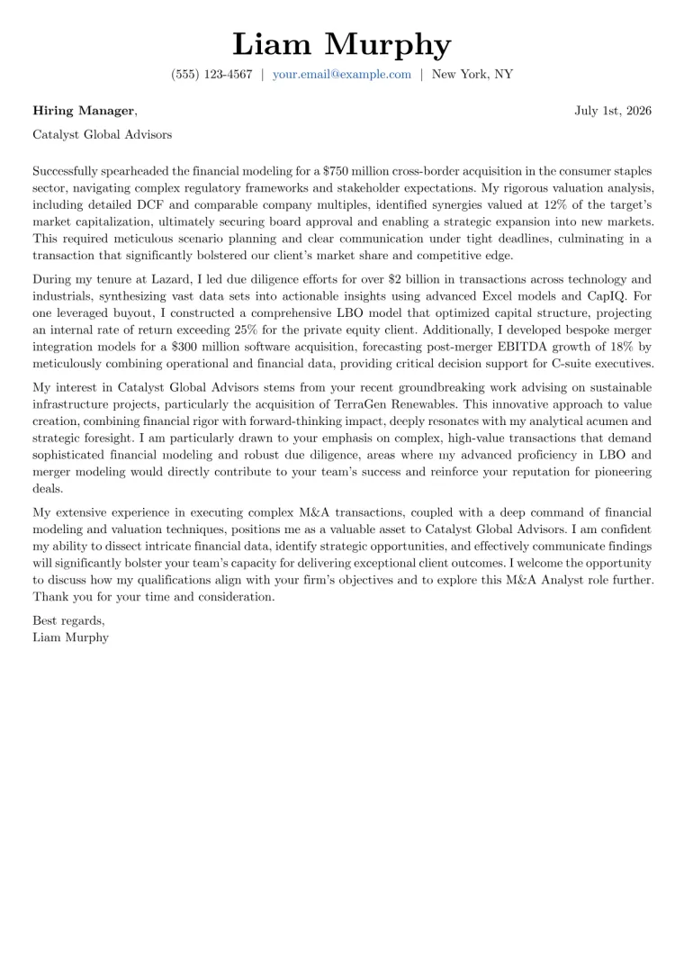 M&A Analyst Cover Letter Example