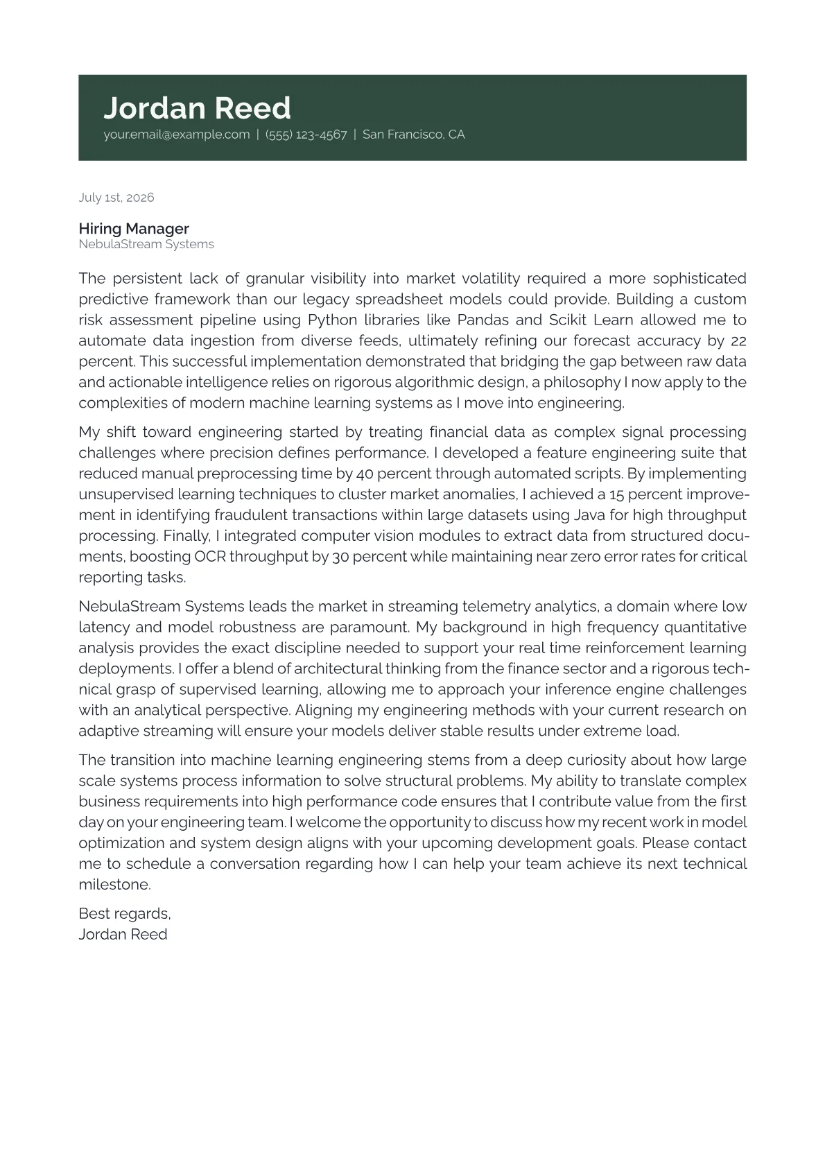 Machine Learning Engineer cover letter in the Banner design