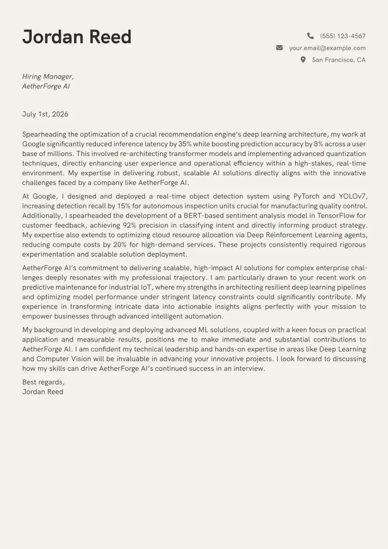 Machine Learning Engineer cover letter example preview