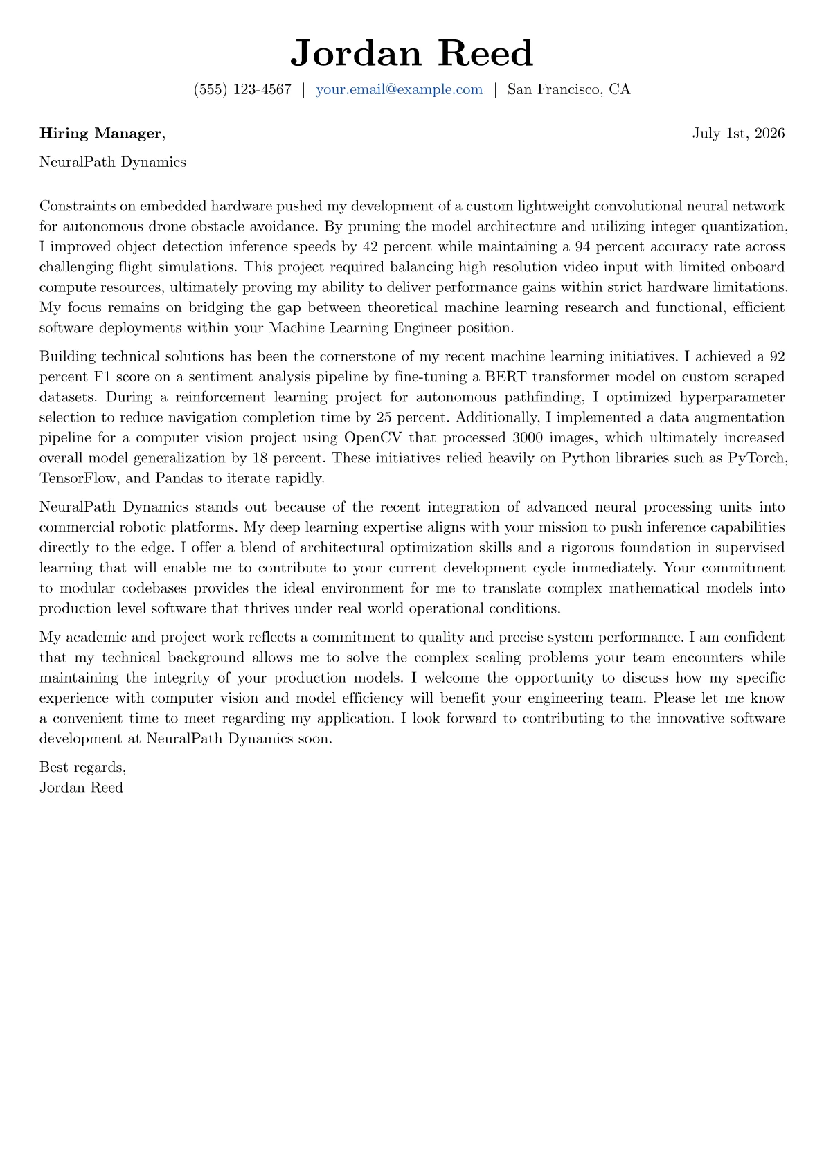 Machine Learning Engineer cover letter in the Basic design