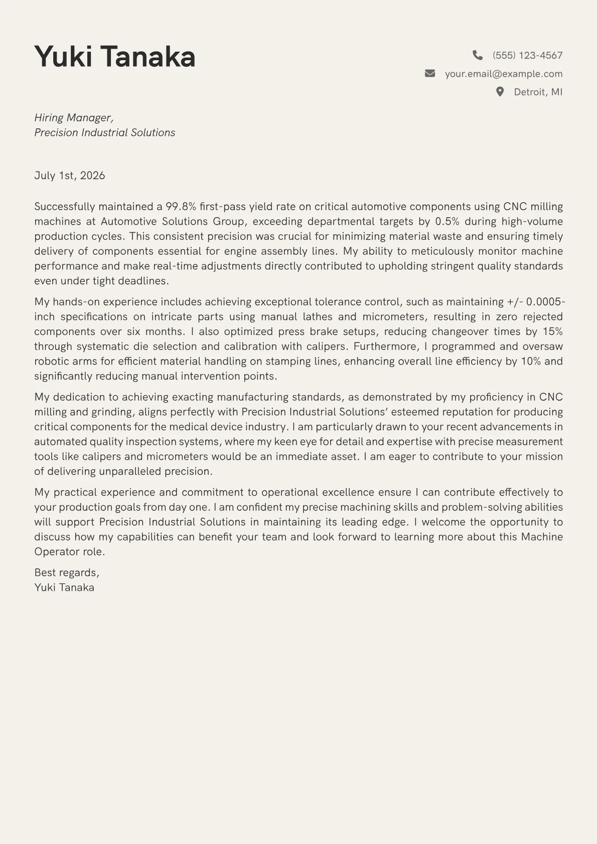 Machine Operator cover letter formatted with a JobSprout template