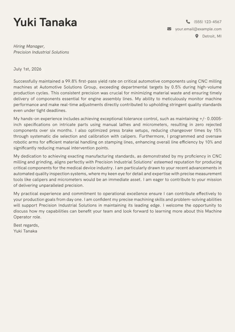 Machine Operator Cover Letter Example