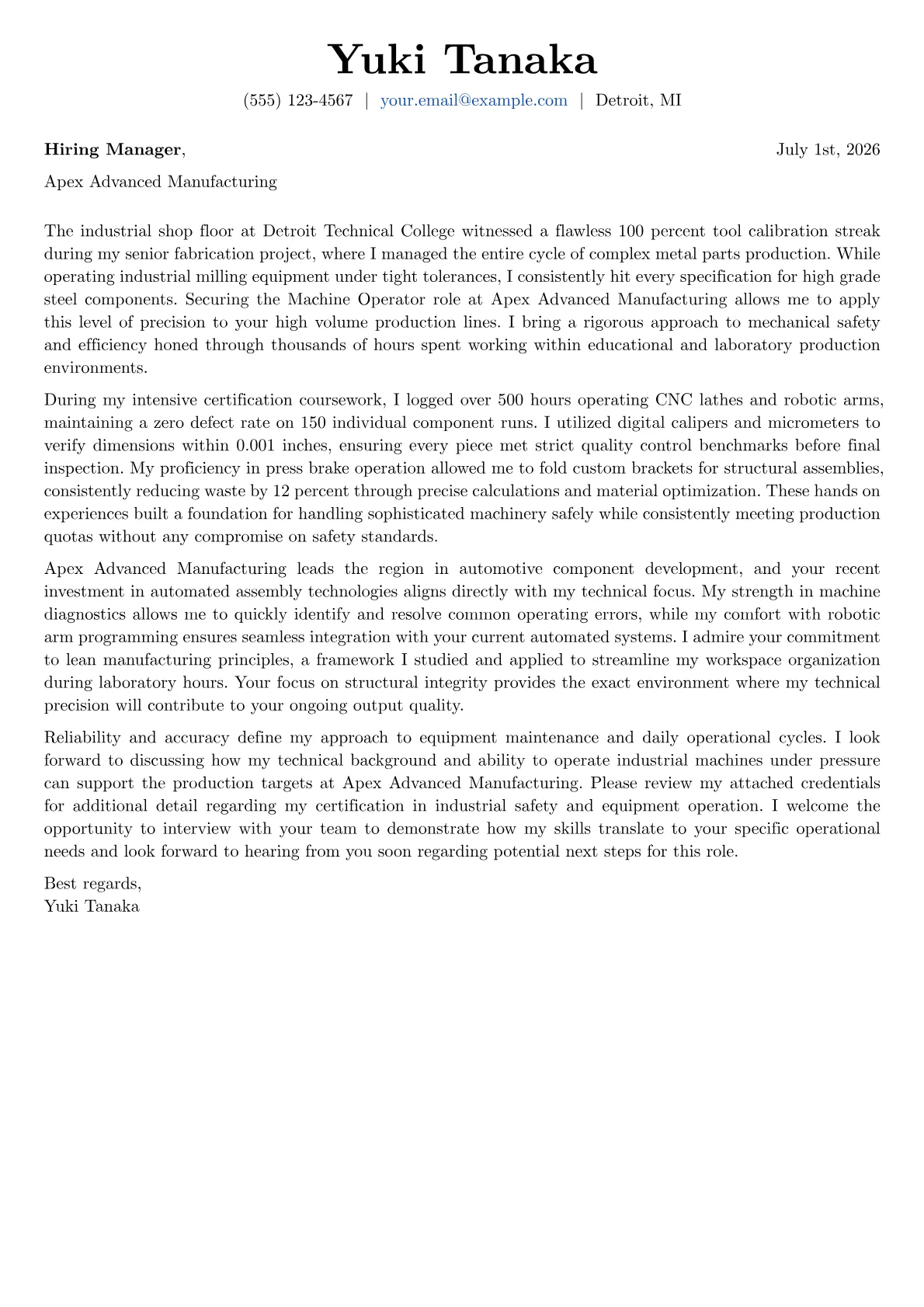 Machine Operator cover letter in the Basic design
