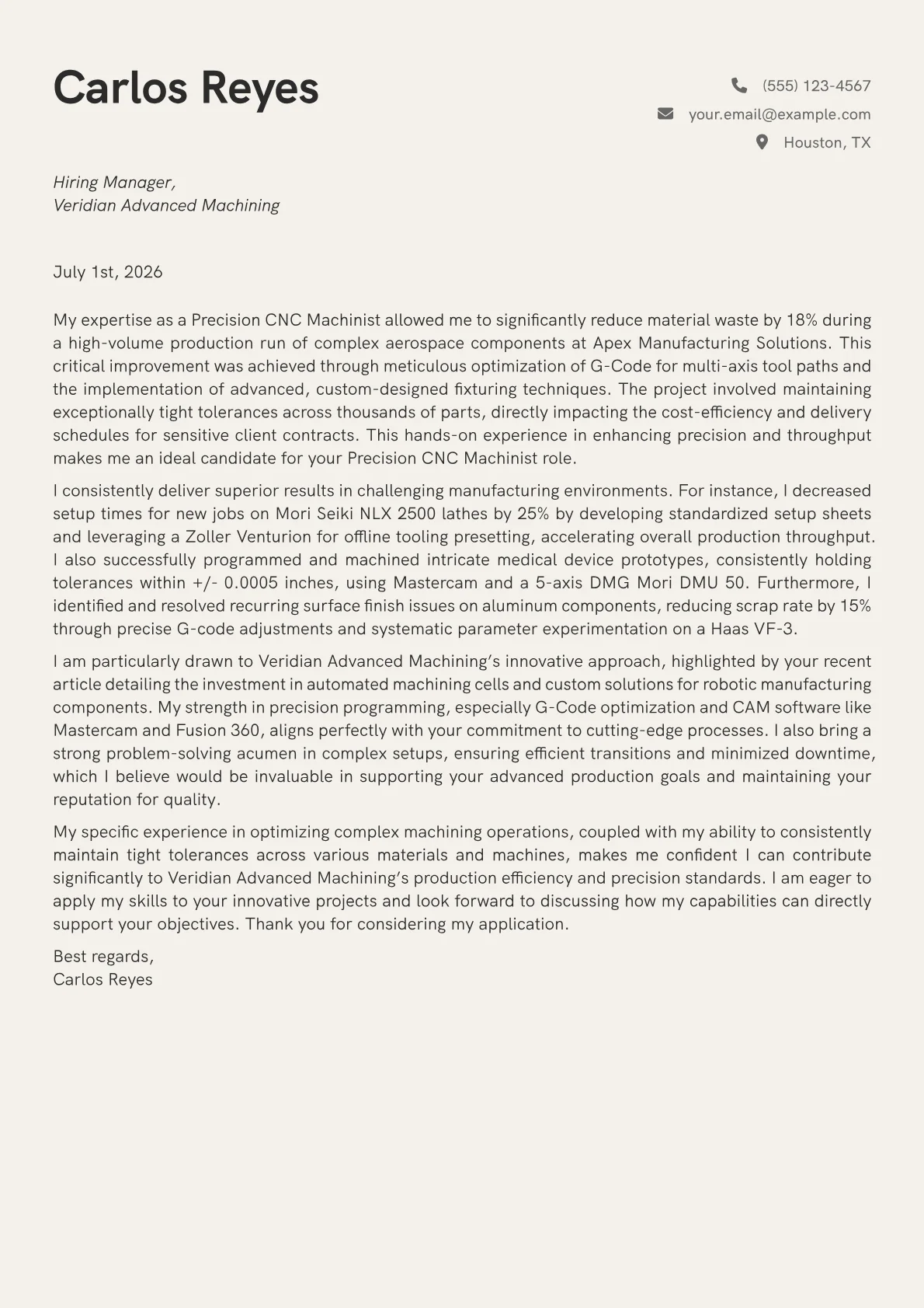Machinist cover letter formatted with a JobSprout template
