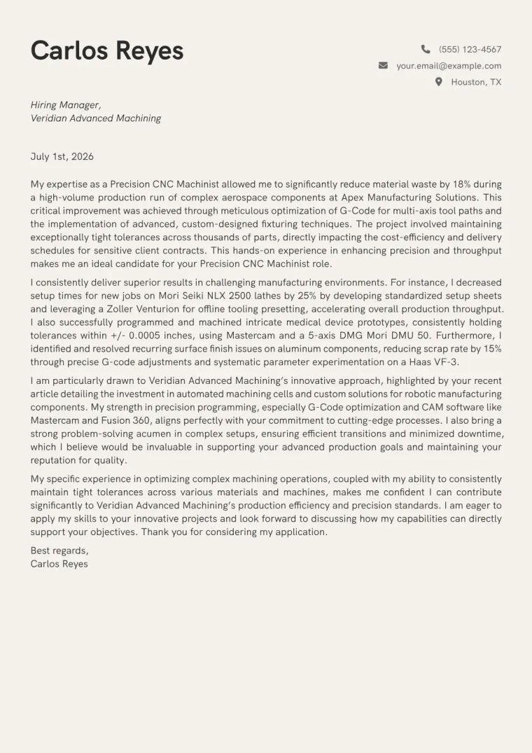 Machinist Cover Letter Example
