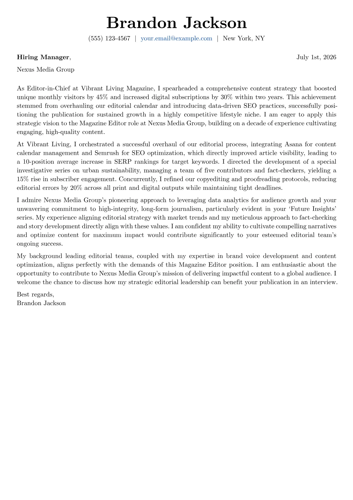 Magazine Editor cover letter formatted with a JobSprout template