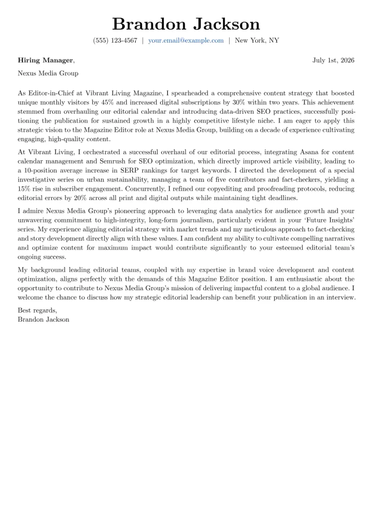 Magazine Editor cover letter example preview