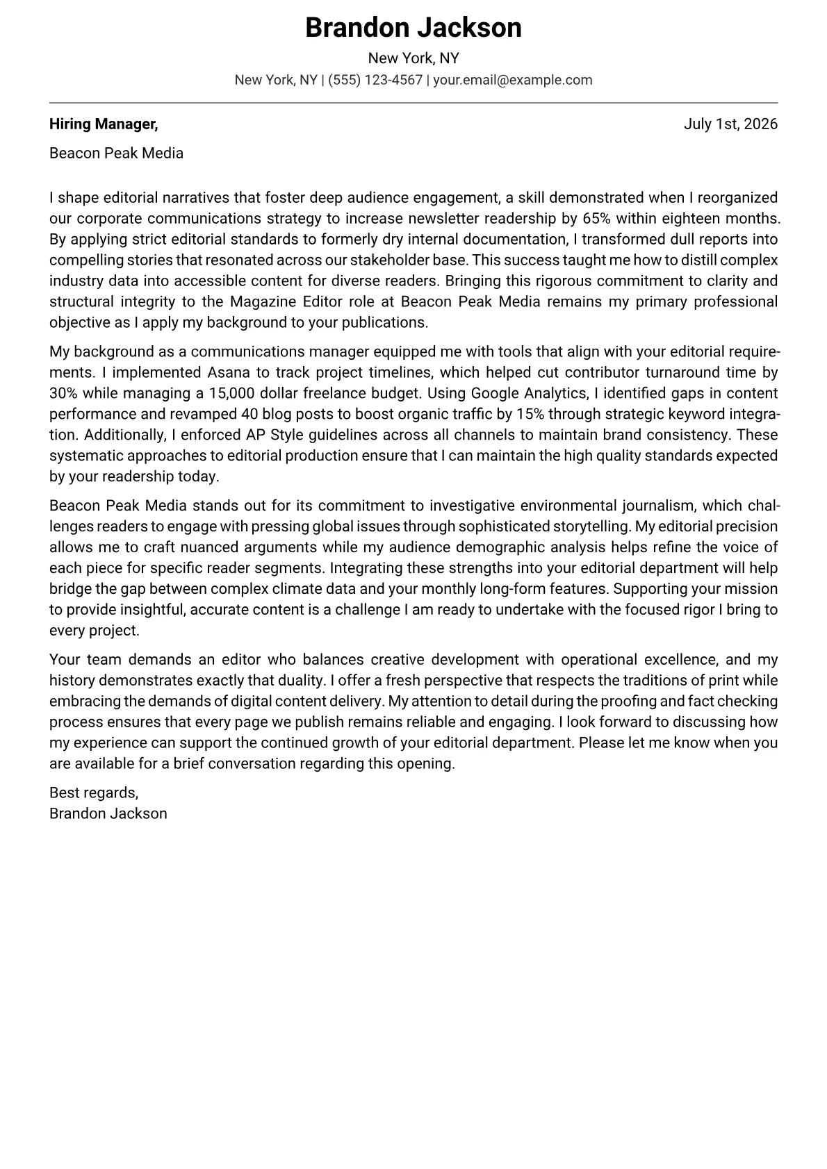 Magazine Editor cover letter in the Modern design