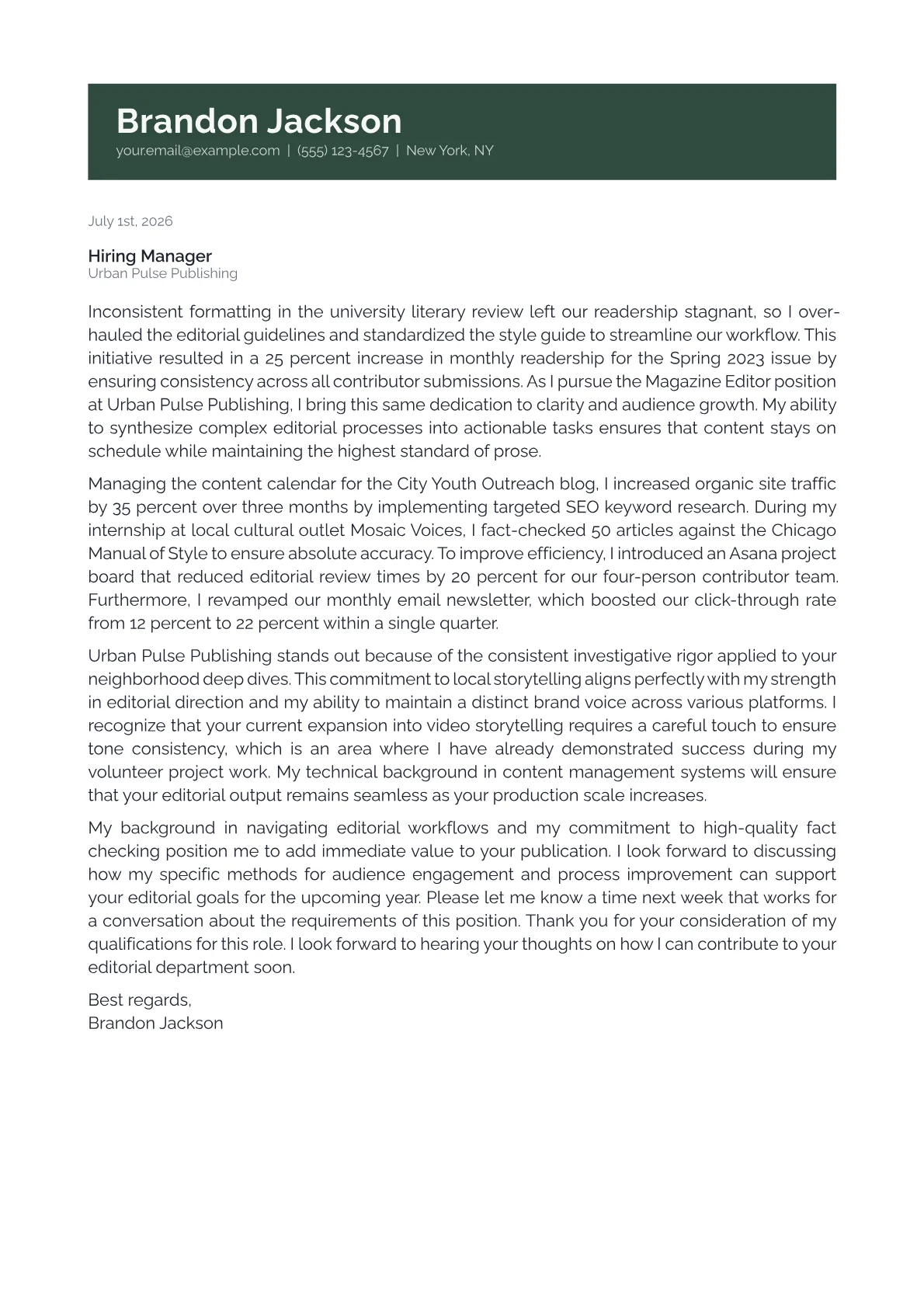 Magazine Editor cover letter in the Banner design
