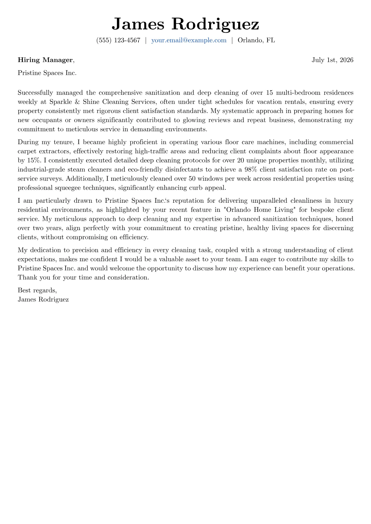 Maid cover letter formatted with a JobSprout template