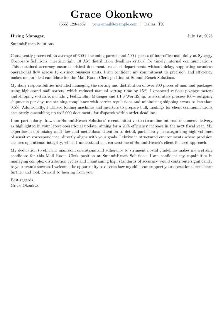 Mail Room Clerk cover letter example preview
