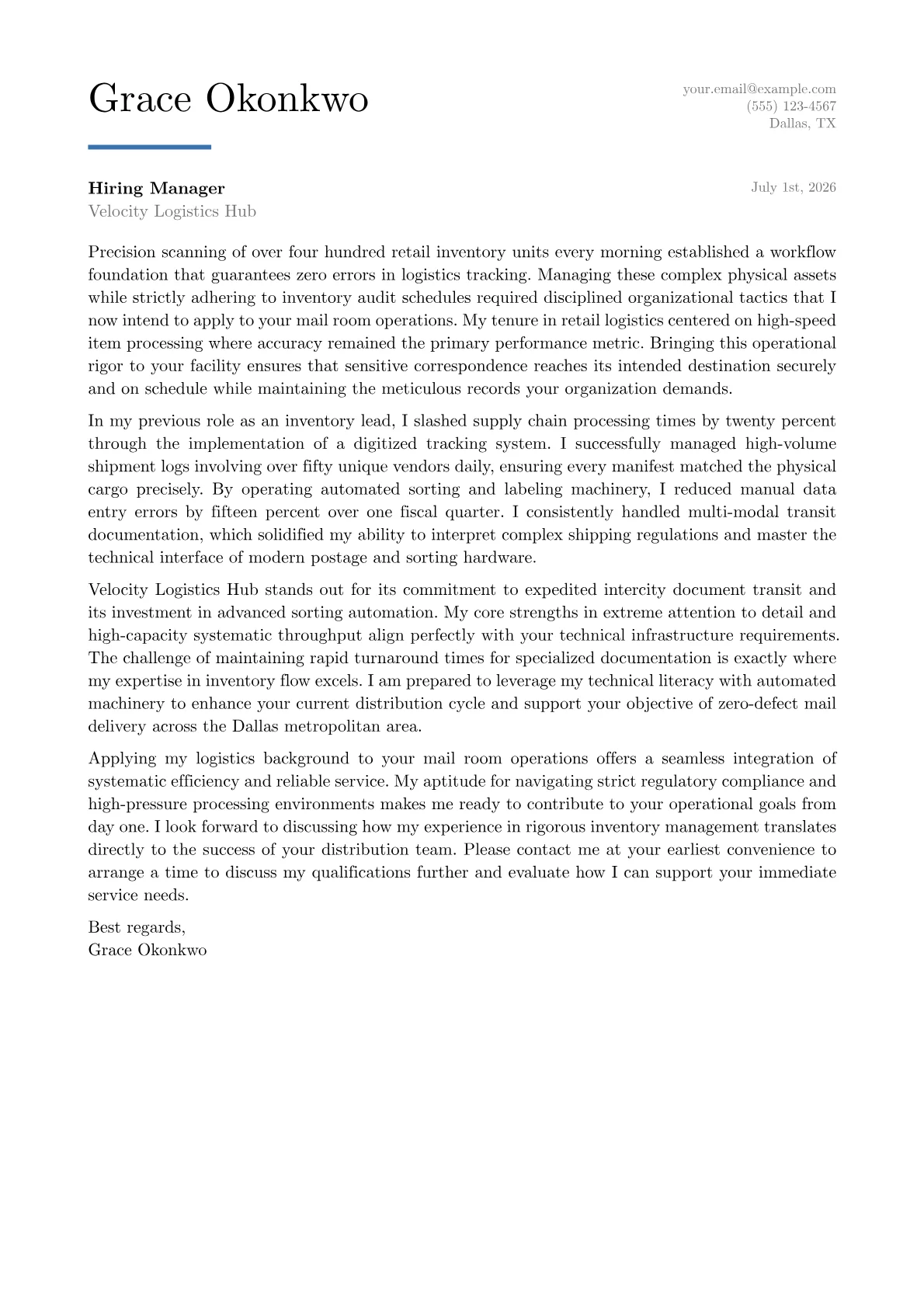 Mail Room Clerk cover letter in the Executive design