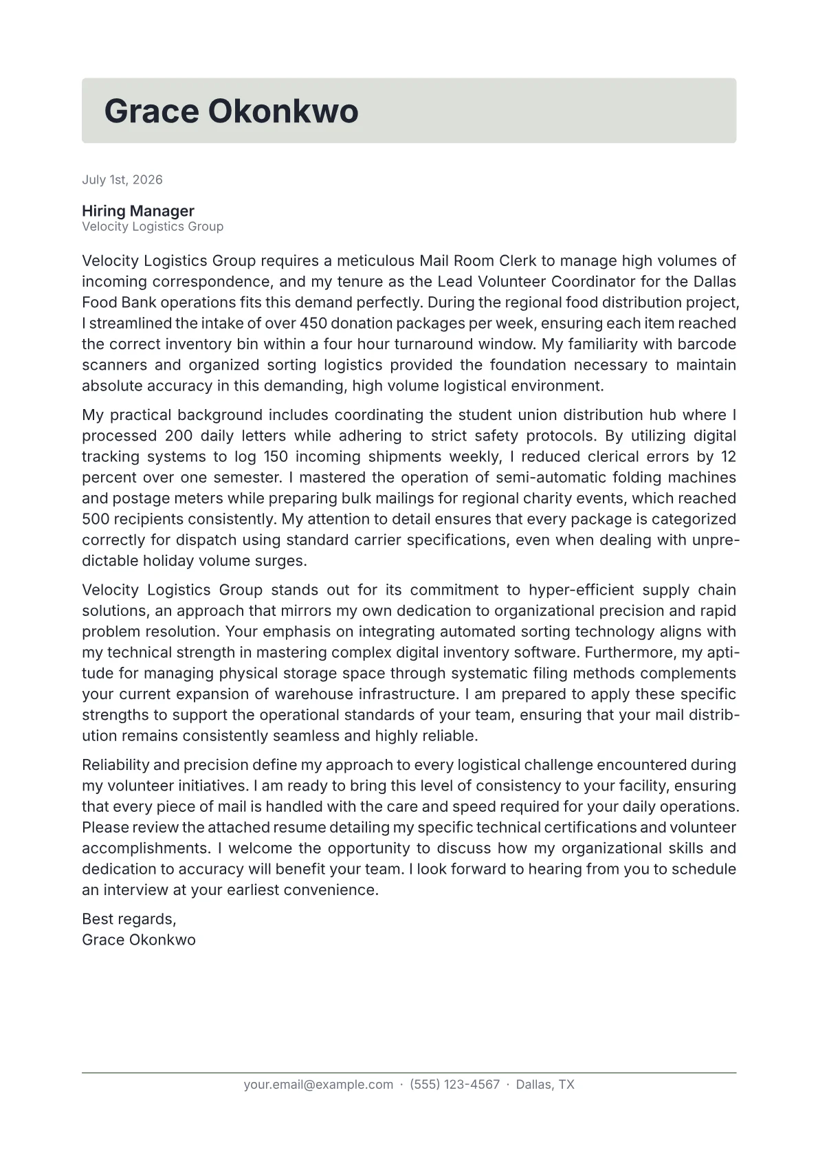 Mail Room Clerk cover letter in the Letterhead design