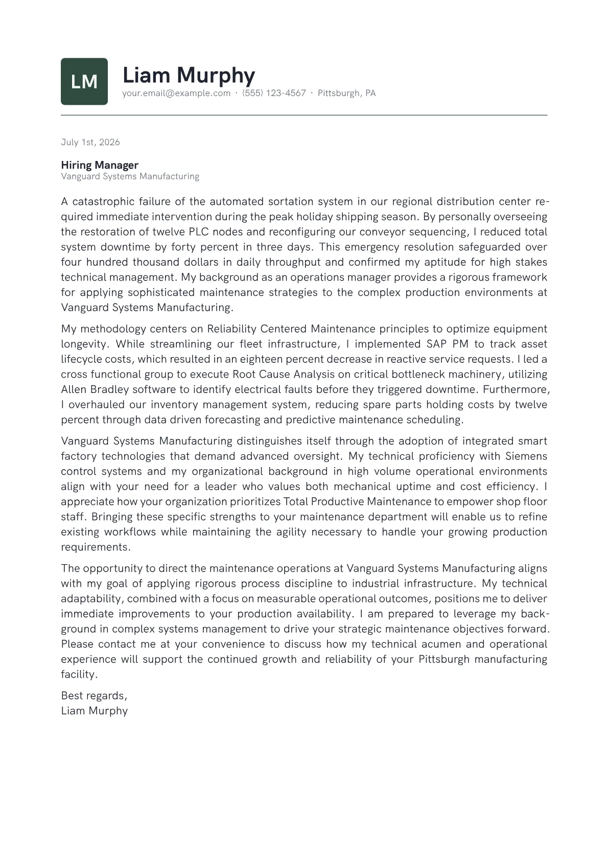 Maintenance Director cover letter in the Emblem design