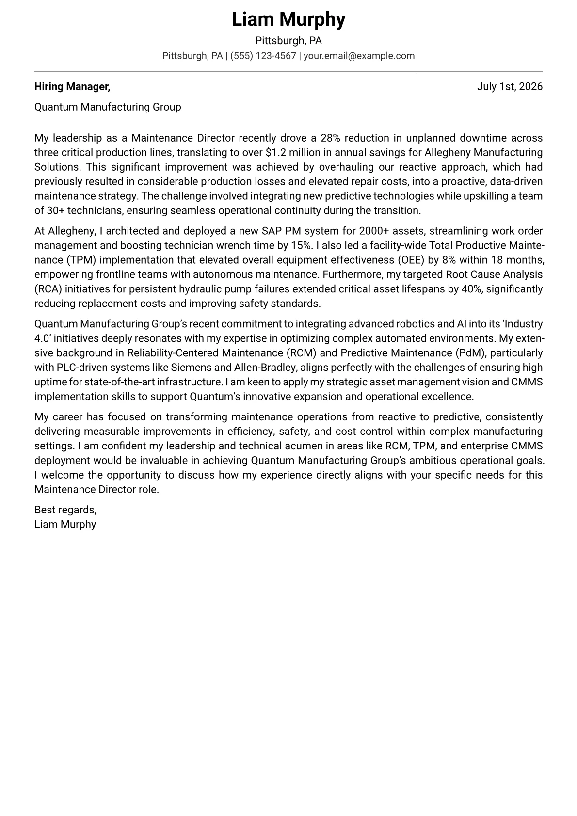 Maintenance Director cover letter formatted with a JobSprout template