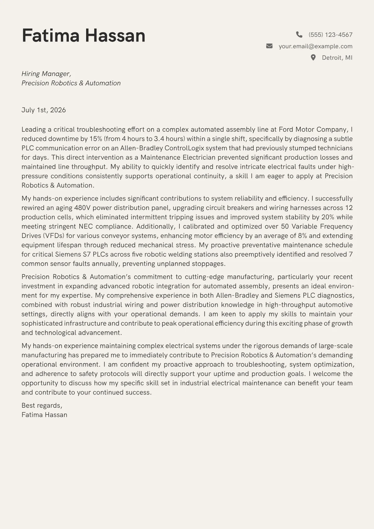 Maintenance Electrician cover letter formatted with a JobSprout template