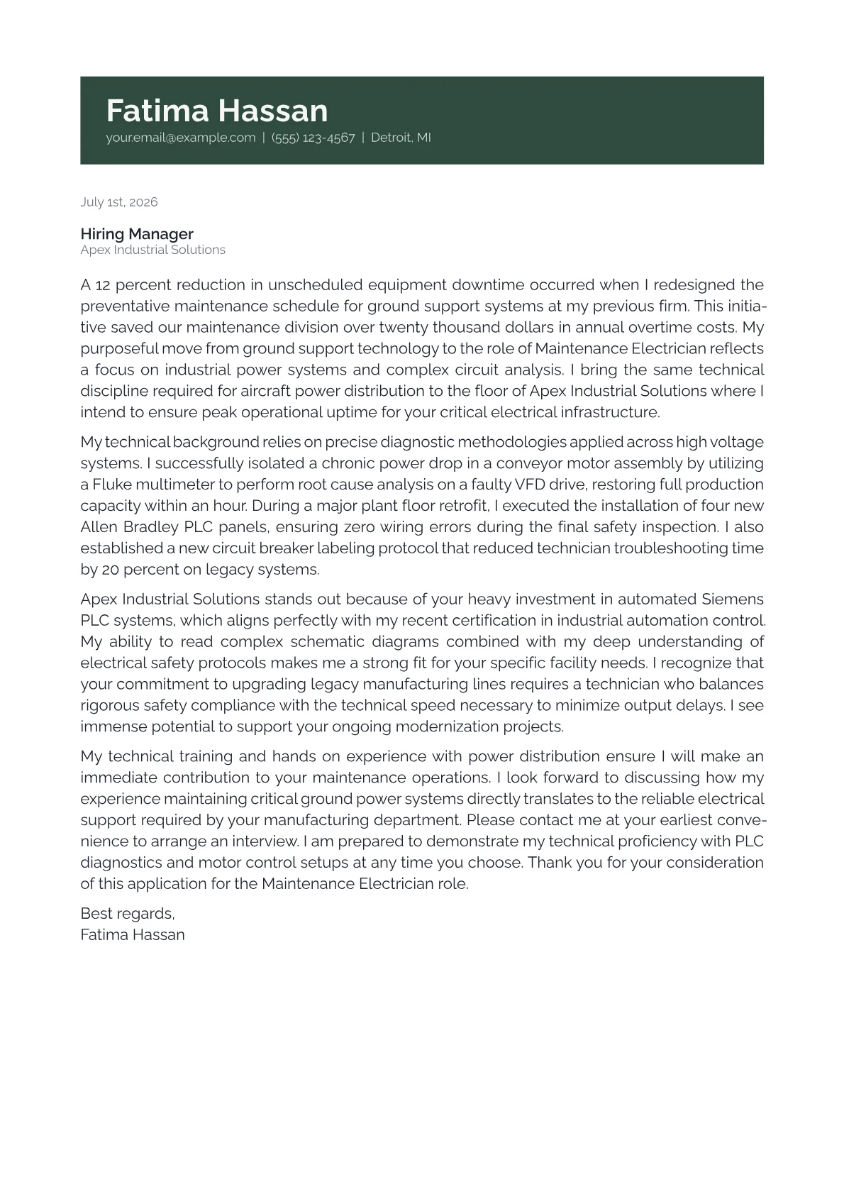 Maintenance Electrician cover letter in the Banner design