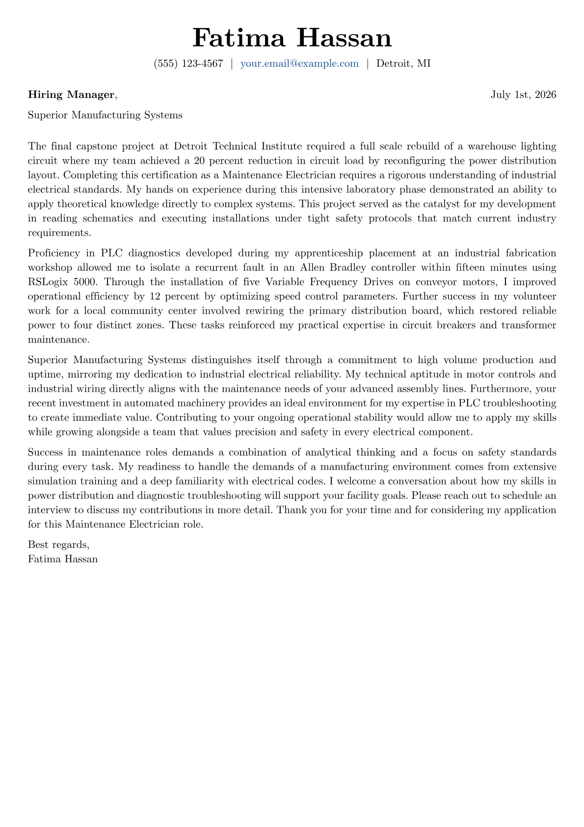 Maintenance Electrician cover letter in the Basic design