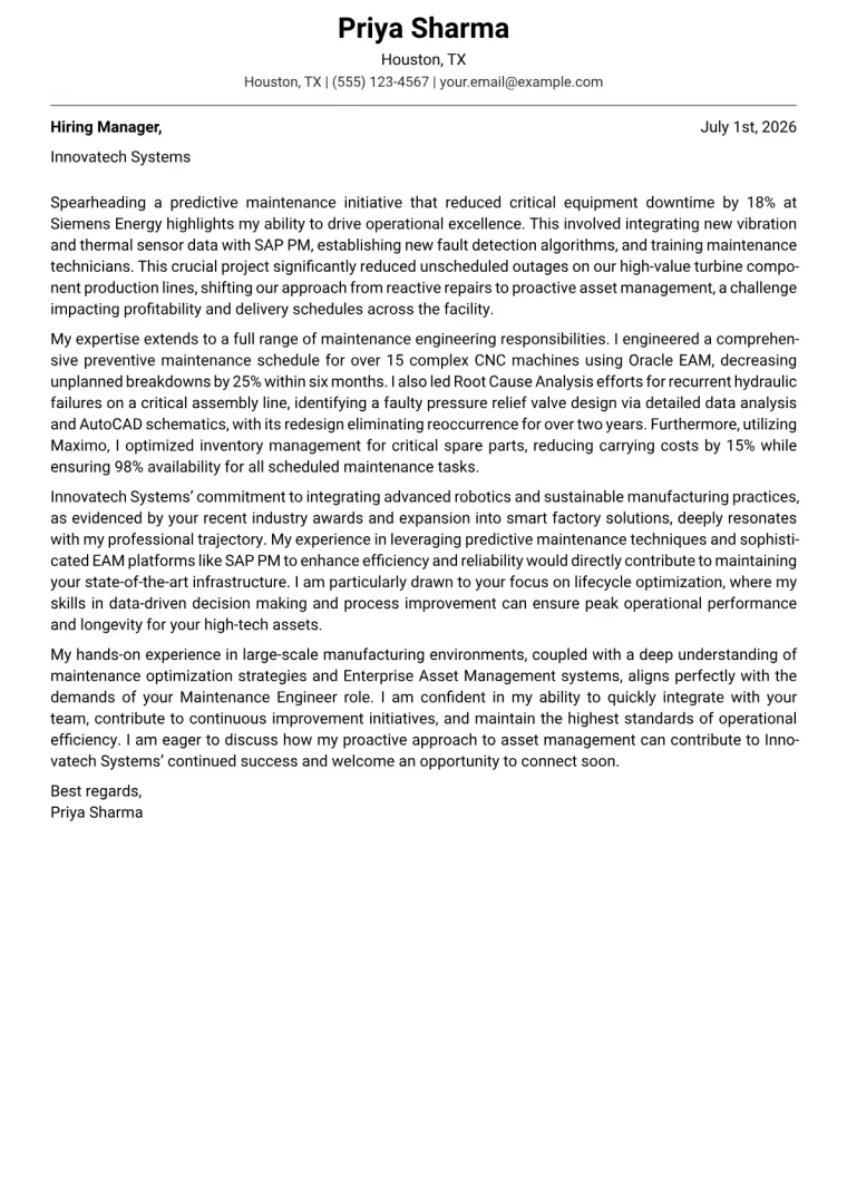 Maintenance Engineer Cover Letter Example