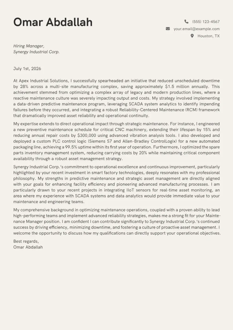 Maintenance Manager Cover Letter Example