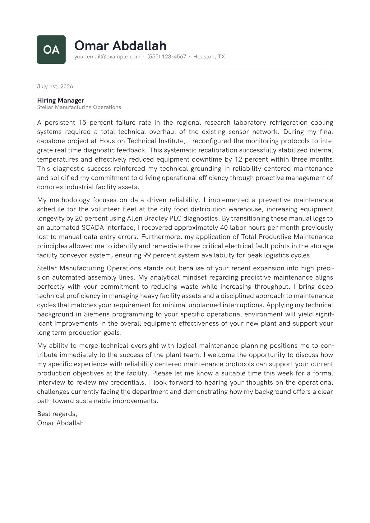 Maintenance Manager cover letter in the Emblem design
