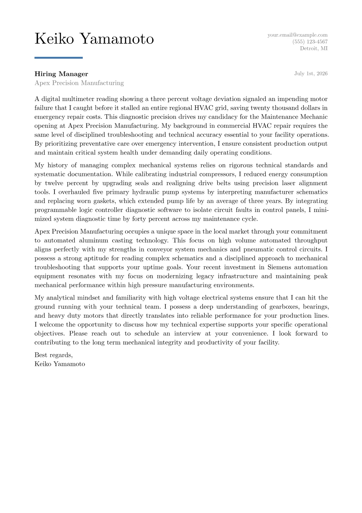 Maintenance Mechanic cover letter in the Executive design
