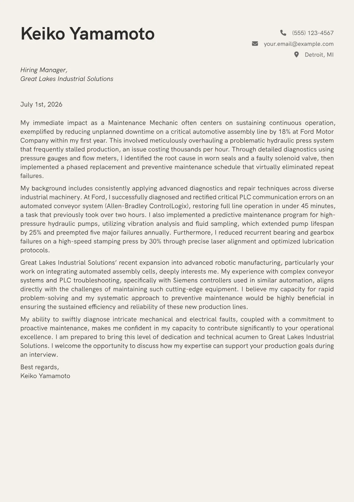 Maintenance Mechanic cover letter formatted with a JobSprout template